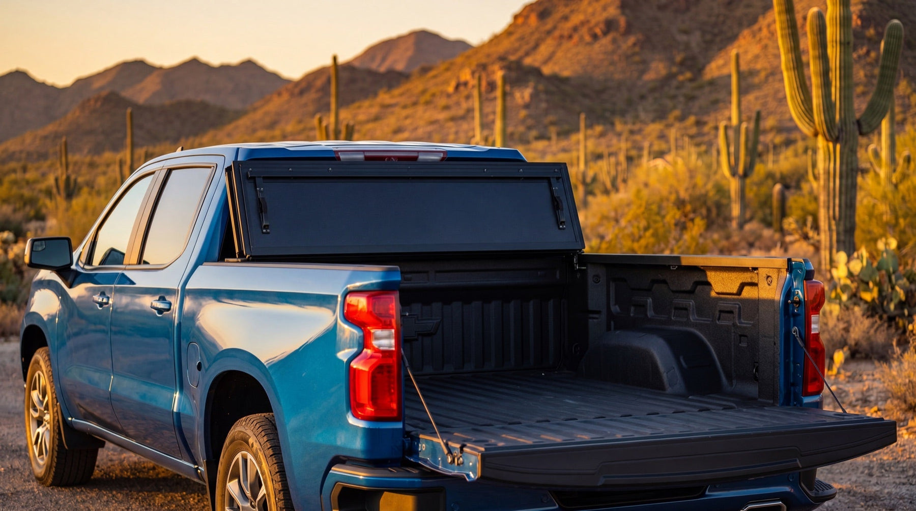 Matte black hard folding tonneau cover folded open on a Chevy Silverado 1500 in the Arizona desert
