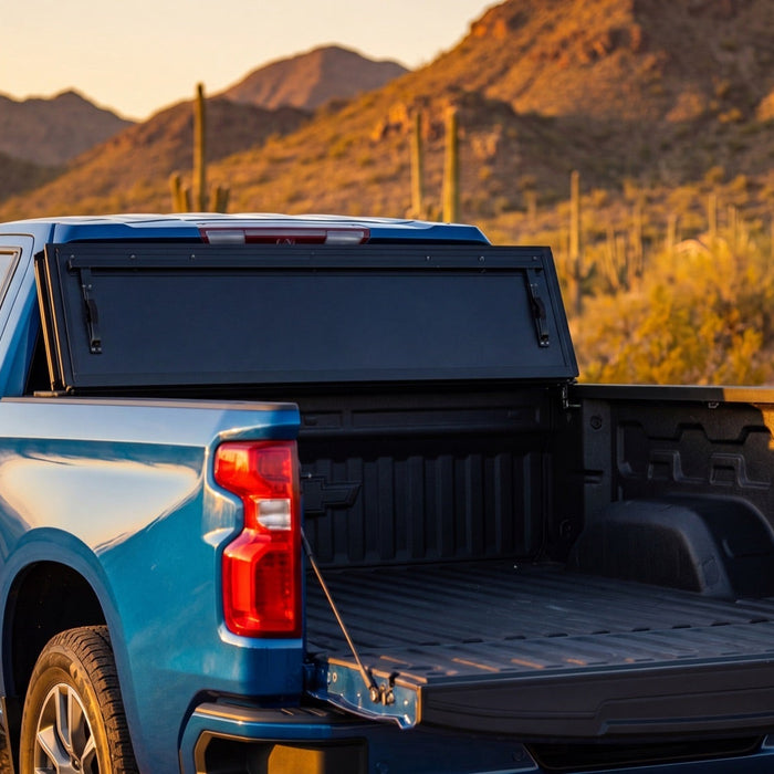 Matte black hard folding tonneau cover folded open on a Chevy Silverado 1500 in the Arizona desert