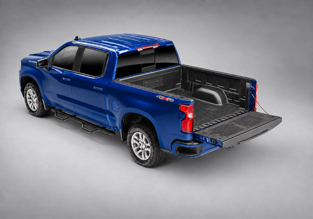 DuraLiner under-rail truck bed liner, angled rear view with tailgate open