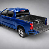 DuraLiner under-rail truck bed liner, angled rear view with tailgate open