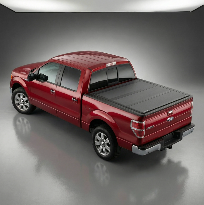 Red pickup truck with a black tonneau cover on a gray background