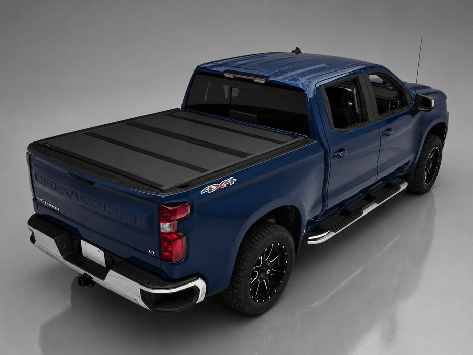 BAKFlip MX4 tonneau cover on 2019-2027 Chevy/GMC Silverado/Sierra 1500 5'8" bed, high rear three-quarter view, cover closed