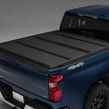 BAKFlip MX4 tonneau cover on 2019-2027 Chevy/GMC Silverado/Sierra 1500 5'8" bed, rear three-quarter detail, cover closed