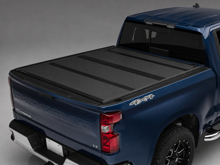 BAKFlip MX4 tonneau cover on 2019-2027 Chevy/GMC Silverado/Sierra 1500 5'8" bed, rear three-quarter detail, cover closed