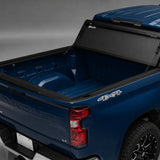 BAKFlip MX4 tonneau cover on 2019-2027 Chevy/GMC Silverado/Sierra 1500 5'8" bed, rear three-quarter detail, cover open